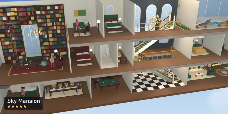 Sky Mansion, a 5-star room, as a scale model of its 3D room, with the people who use it