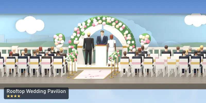 Rooftop Wedding Pavilion, side on, as the 2D tower draws it, with the people who use it