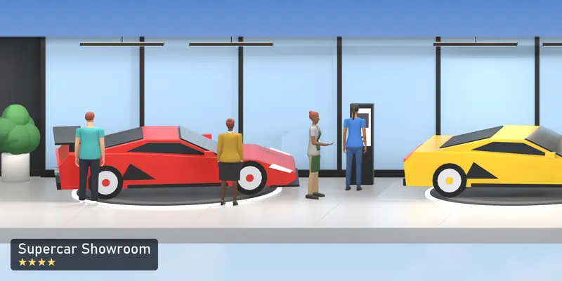 Supercar Showroom, side on, as the 2D tower draws it, with the people who use it