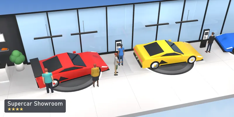 Supercar Showroom, a 4-star room, as a scale model of its 3D room, with the people who use it