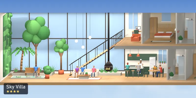 Sky Villa, side on, as the 2D tower draws it, with the people who use it