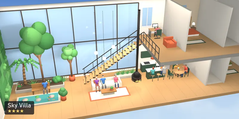 Sky Villa, a 4-star room, as a scale model of its 3D room, with the people who use it