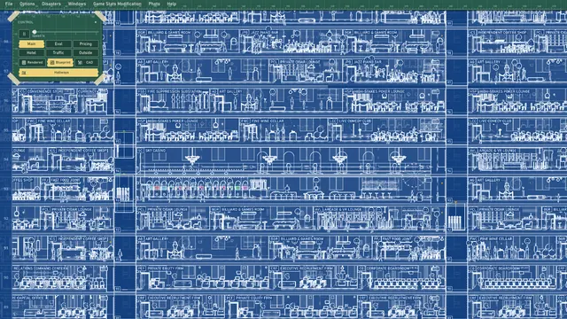 The crown of a 99-floor 2D tower, drawn as a blueprint.