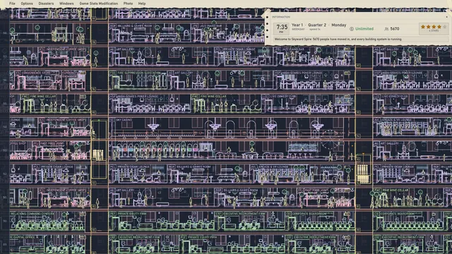 The crown of a 2D tower in CAD, every room labeled with its code.
