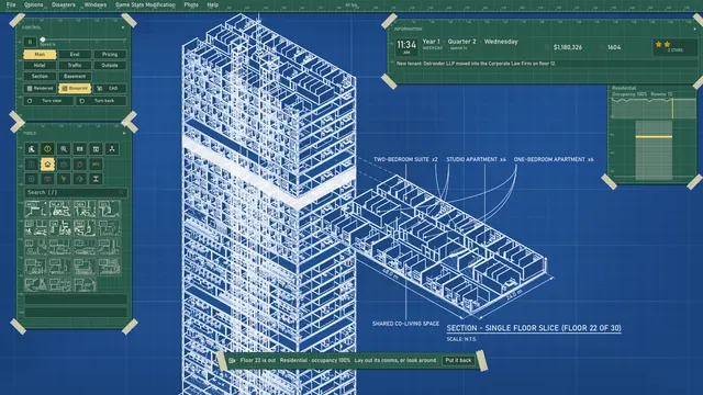 A floor of homes slid out of the blueprint tower, with its rooms labeled.