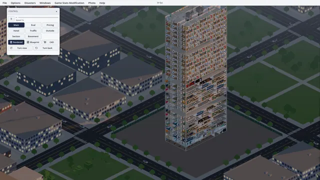 A 3D tower in the city at dusk.